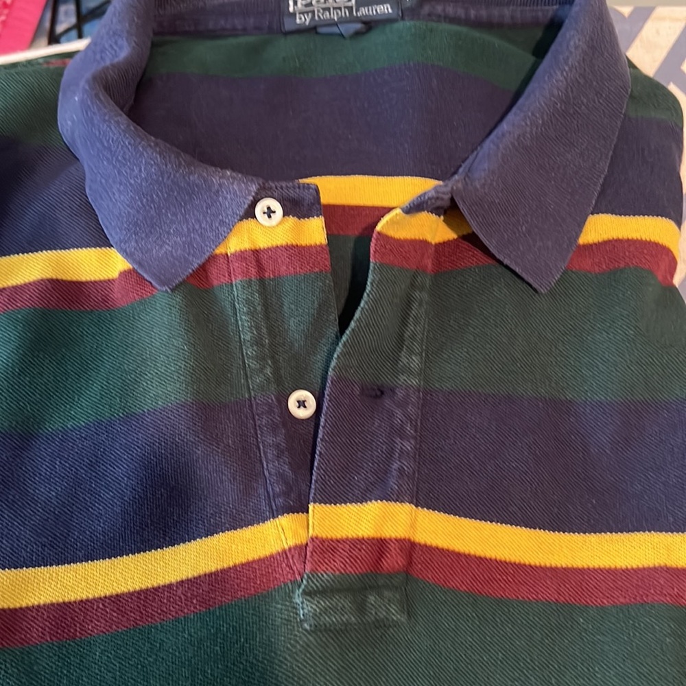 Polo by Ralph Lauren 2XLT navy, green w/ gold, and burgundy stripe pique polo